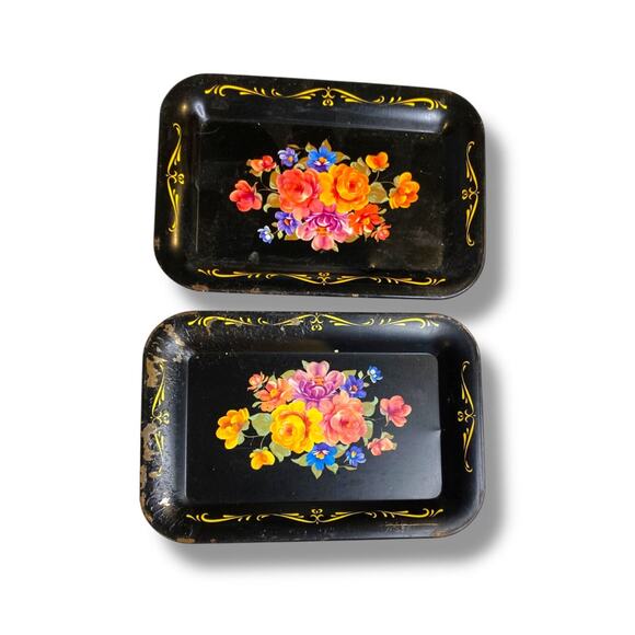 Set of 2 Vintage Toleware Small Metal Bar Trays 6.75" x 4.75" Floral Black - Picture 1 of 7